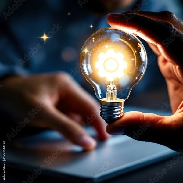 Fototapeta Idea lightbulb with gear inside held by hand