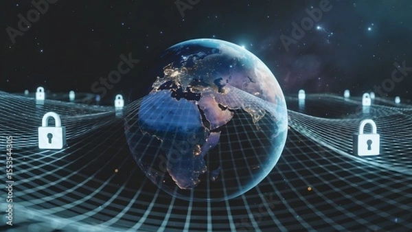 Fototapeta Global Cybersecurity Network Visualization over Earth from Space
