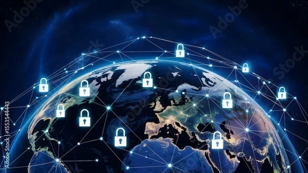Fototapeta Digital Earth with Interconnected Security Padlocks and Communication Lines