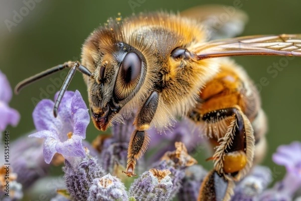 Fototapeta Honey bee collecting pollen on lavender flower in summer