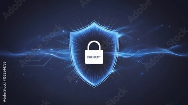 Fototapeta Glowing Blue Security Shield with Padlock Symbol on Digital Network