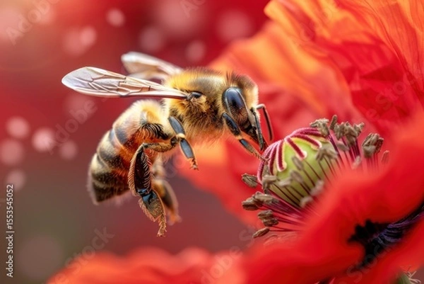 Fototapeta Honey bee collecting pollen from red poppy flower in spring