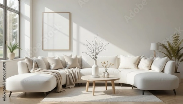 Obraz Bright Minimalist Living Room Design with Curved Sofa