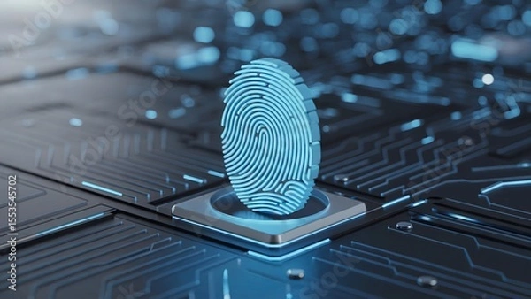 Fototapeta Electric-blue digital fingerprint with circuit data stream