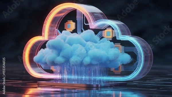 Fototapeta Translucent tech cloud with glowing cyber circuitry