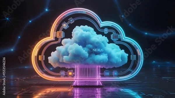 Fototapeta Neon circuit cloud hovering over mirrored data field