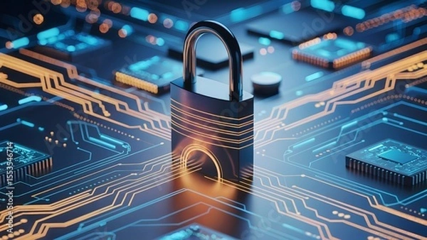 Fototapeta Encrypted golden lock over radiant tech grid matrix