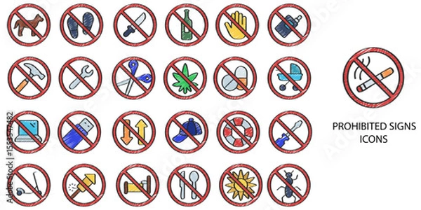 Obraz Prohibited Sign simple concept 24 hand drawn color icons set .Vector illustration.	