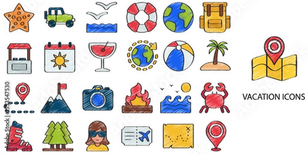 Obraz Vacation simple concept 24 hand drawn color icons set .Vector illustration.	