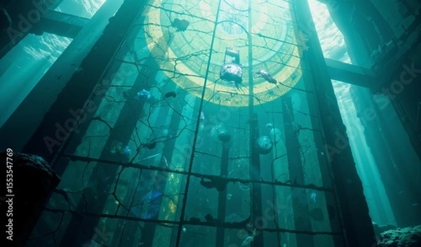 Fototapeta Submerged Geometric Structure: Blue And Green Panels, Abstract Underwater Scene, Serene Mood