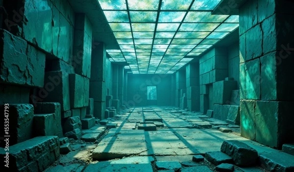 Fototapeta Azure And Emerald Glass Labyrinth: Mysterious Subterranean Realm Of Delicate Serenity