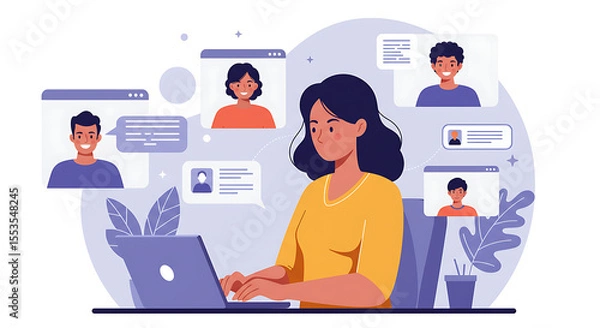 Fototapeta Flat Vector Illustration of a Remote Worker on a Video Conference. set for work from anywhere theme, remote work, lifestyle