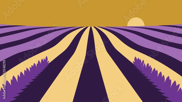 Fototapeta Stylized Lavender Field at Sunset with Rows of Purple and Gold