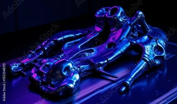 Fototapeta Fractured Bone Structures Illuminated by Neon Blue Energy on Polished Obsidian Surface