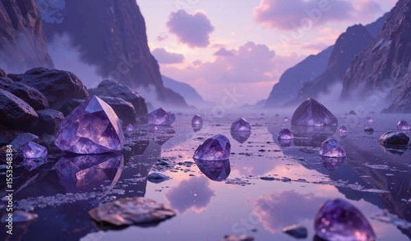 Fototapeta Floating Amethyst Crystals Above Obsidian Reflection Create Ethereal Tranquil Disorientation