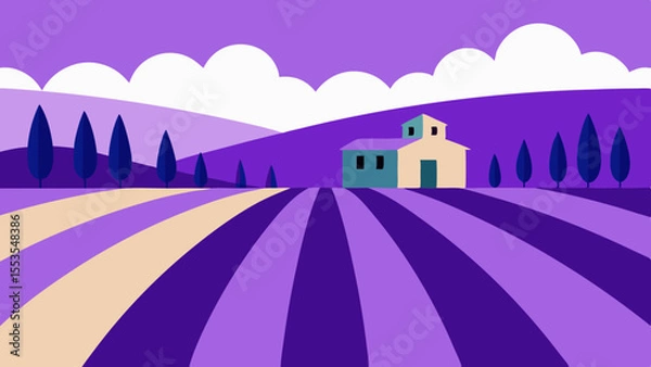 Fototapeta Lavender Fields and Country House A Serene and Minimalist Landscape Illustration
