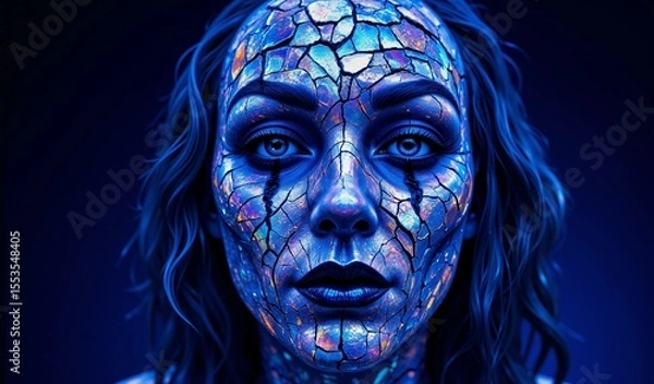 Fototapeta Shattered Clown Masks: Iridescent Crystal Mosaic Against Indigo Background, Close-Up