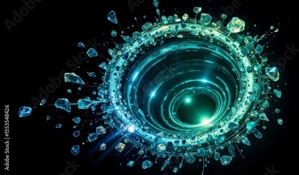 Fototapeta Swirling Vortex Of Iridescent Diamond Shards In Sapphire And Emerald Tones
