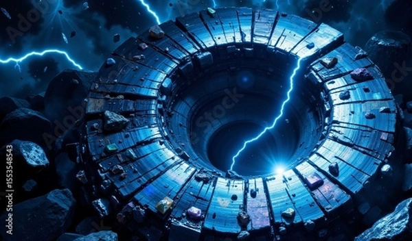 Fototapeta Obsidian Vortex: Fractured Plates, Crystalline Structures, Electric Blue Lightning, Indigo Backdrop