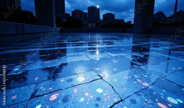 Fototapeta Iridescent Mother-Of-Pearl Ripples On Polished Concrete Under Indigo Lunar Glow