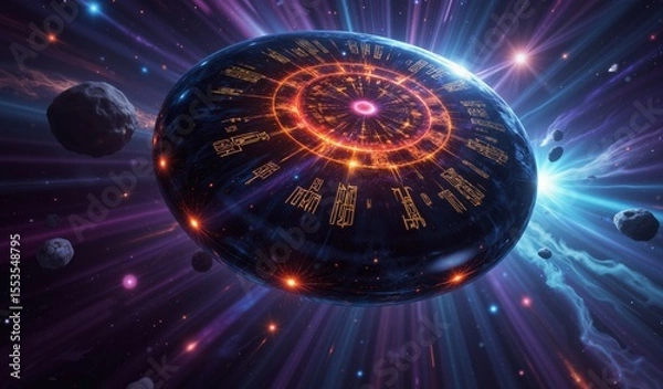 Fototapeta Crimson And Gold Glyphs Floating In Nebula Of Violet And Cerulean Stardust, Cosmic Secrets