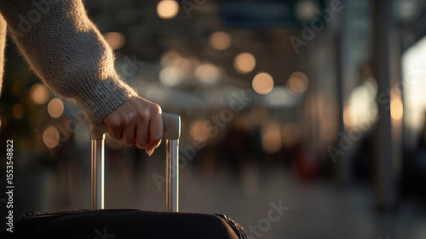 Fototapeta Close-up view of a traveler preparing for departure in an airport setting