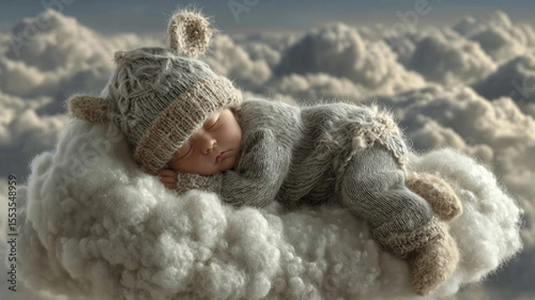 Fototapeta Dreamy slumber of a baby on a fluffy cloud in a serene sky