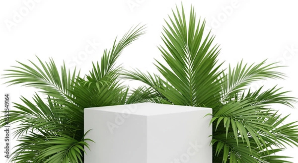 Fototapeta Tropical Palm Leaf Frame with Central White podium