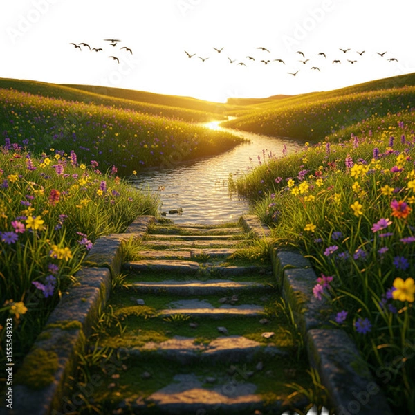 Fototapeta Stone Path Through Blooming Field at Sunset with Soaring Birds