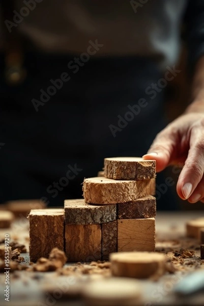 Fototapeta Wooden block stacking hand artisan craft