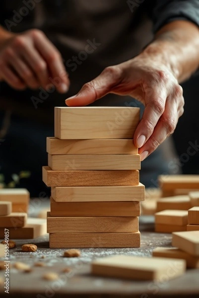 Fototapeta Wooden blocks tower with playing hand