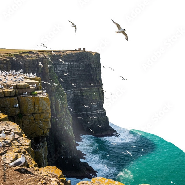 Fototapeta Seabirds Nesting and Soaring Around Rugged Ocean Cliffside