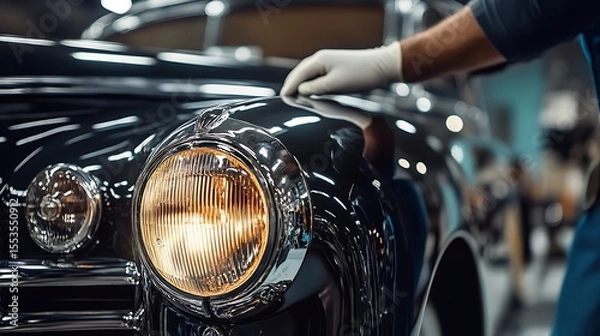 Fototapeta A mechanic applying a UV protectant coating to a freshly restored headlight