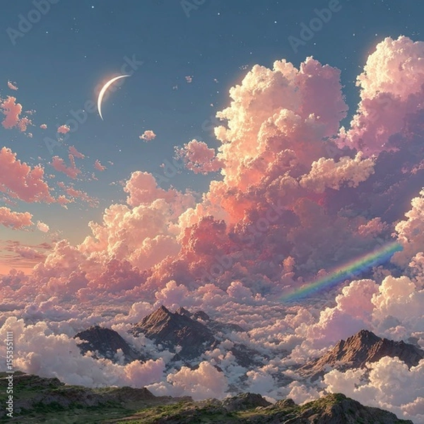 Fototapeta Cinematic Anime Sky with Rainbow Hued Clouds, Dreamy Gradient Cloudscape Panorama, Ethereal Atmosphere for Game Background