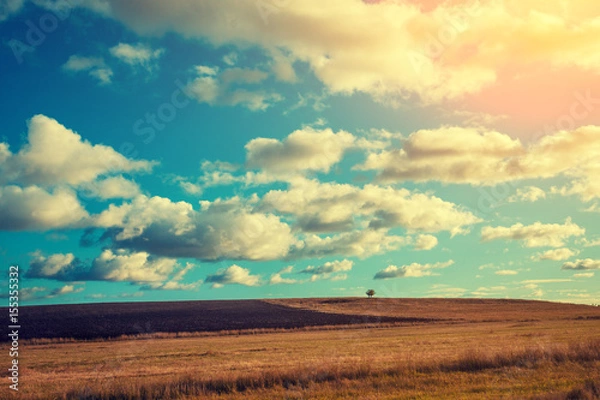Fototapeta Arable field with cloudy sky and the sun