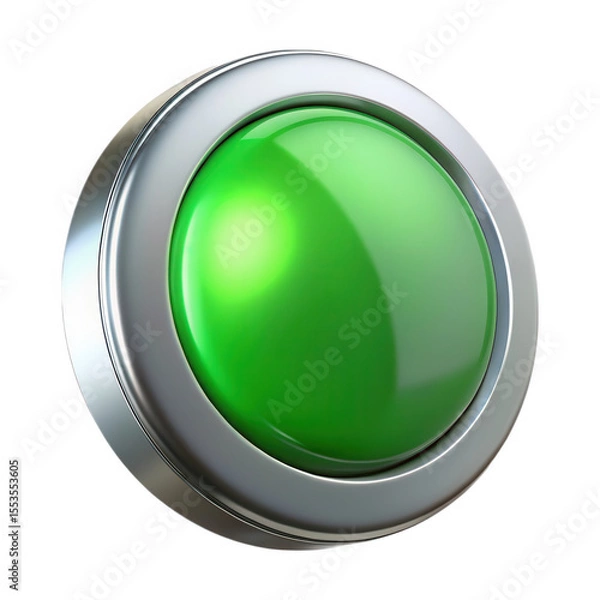 Fototapeta Glossy green button with silver bezel isolated on transparent background