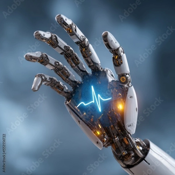 Fototapeta Innovate Medical Technology Advanced Robotic Hand with Glowing Heartbeat Symbol, Representing AI in Healthcare and Future of Medicine