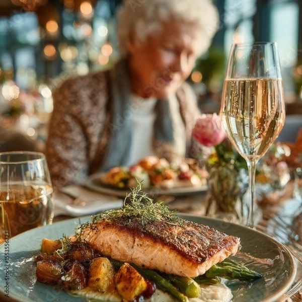 Fototapeta Elegant Restaurant Dining Delicious Pan Seared Salmon with Asparagus and Potatoes, Enjoyed by a Woman in a Sophisticated Setting