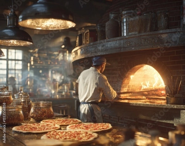 Fototapeta Captivating Baker at Work Expert Pizzaiolo Skillfully Preparing Fresh Pizzas in the Warm Glow of a Traditional Wood Fired Oven
