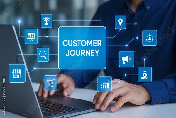 Fototapeta Customer journey map with icons and business concepts on laptop screen