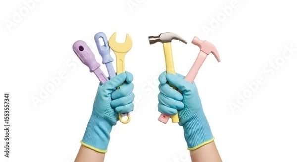 Fototapeta Hands wearing protective gloves holding various colorful toy tools for DIY projects