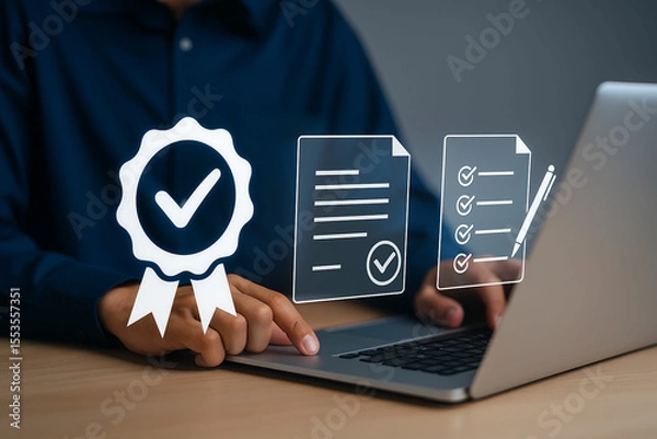 Fototapeta Person using laptop with digital icons of certification and checklist for quality assurance