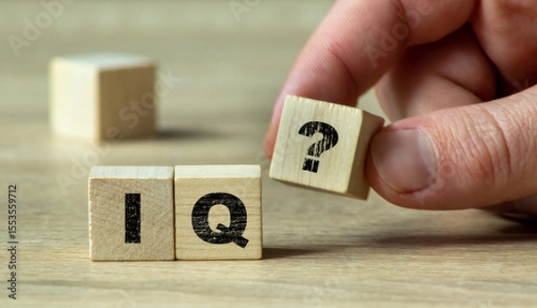 Obraz A hand holding a wooden block with an IQ question mark, symbolizing intelligence and cognitive assessment in a minimalistic setting with natural light.
