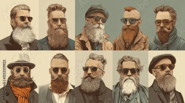 Fototapeta A visual collection of hipster bearded men showcasing trendy hairstyles and barbershop branding concepts