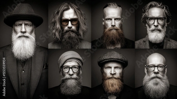 Fototapeta A visual collection of hipster bearded men showcasing trendy hairstyles and barbershop branding concepts