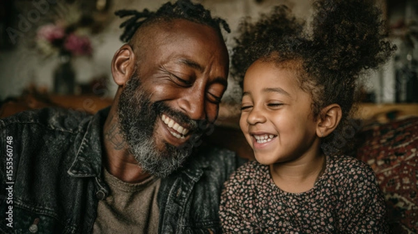 Fototapeta An ecstatic black father laughs with his daughter as they share jokes and bond on a cozy couch at home