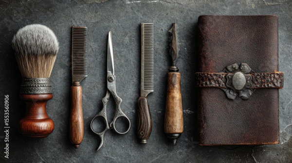 Fototapeta Assorted barber instruments rest on a grey tabletop against a dark backdrop, leaving room for added text