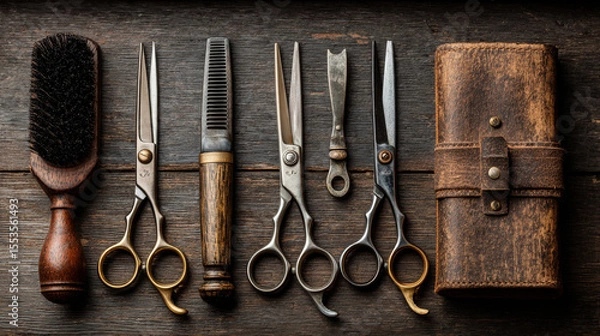 Fototapeta Hair cutting scissors and accessories are neatly arranged on a wooden surface, highlighting tools of the hairdressing trade