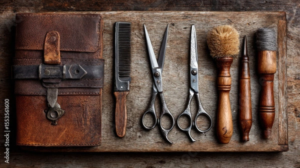 Fototapeta Hair cutting scissors and accessories are neatly arranged on a wooden surface, highlighting tools of the hairdressing trade
