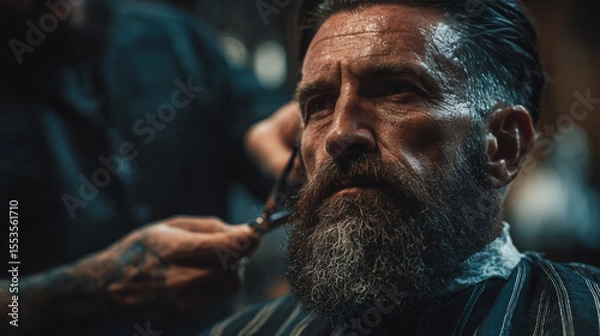 Fototapeta In a barbershop chair, a hipster man gets his beard trimmed with scissors by a hairdresser; image styled as a promotional banner